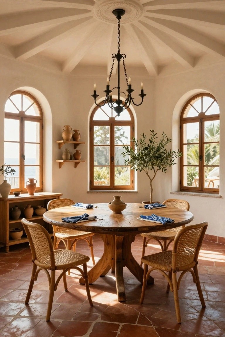 Sunlit rounded dining room with central round wooden table set for meal, rattan chairs, pottery on shelves, olive tree in corner, arched wooden windows showing garden views, and black chandelier from domed ceiling on terracotta tile floor.