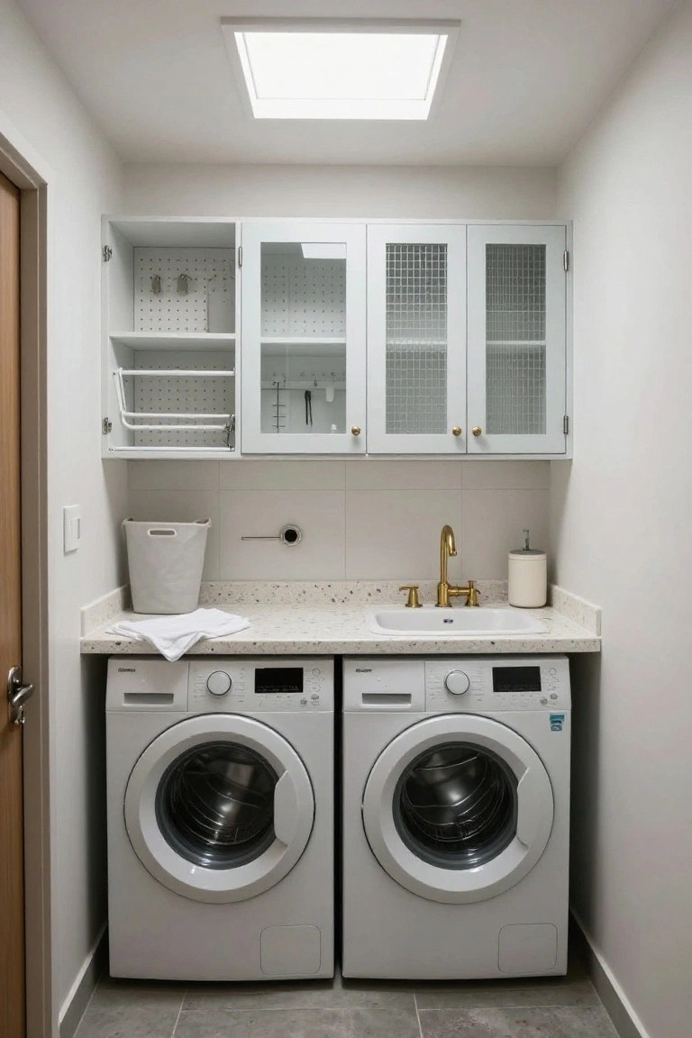 Small white laundry room with side-by-side washer and dryer, overhead cabinets with glass-front doors, countertop utility sink with gold faucet, woven basket, and gray tile floor.
