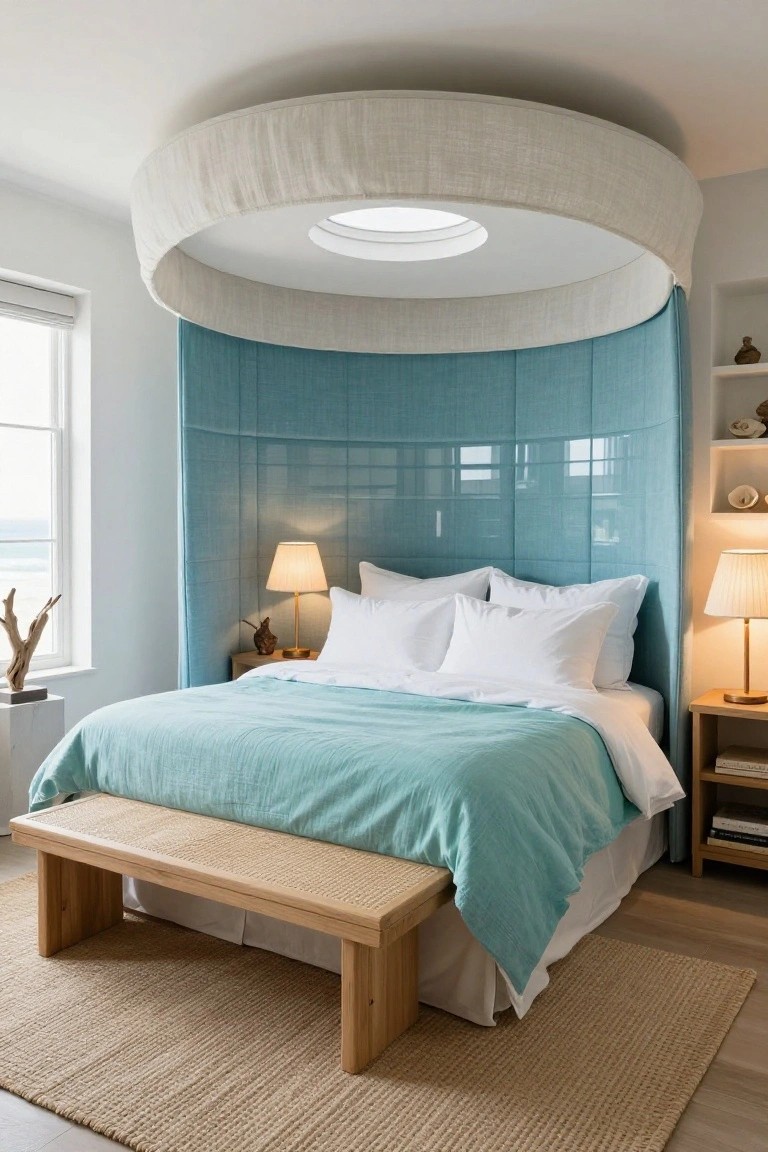Bedroom with curved teal fabric-covered headboard wall, white fabric ceiling ring with central skylight, bed draped in teal linens, wooden bench at foot, side tables with lamps, driftwood sculpture, and window showing ocean view.