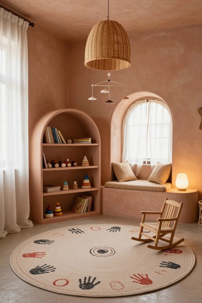 Curved pink built-in bookshelf filled with wooden toys and books next to an arched window seat with cushions and a lamp, small wooden rocking chair on a large round rug patterned with handprints in a textured pink room.