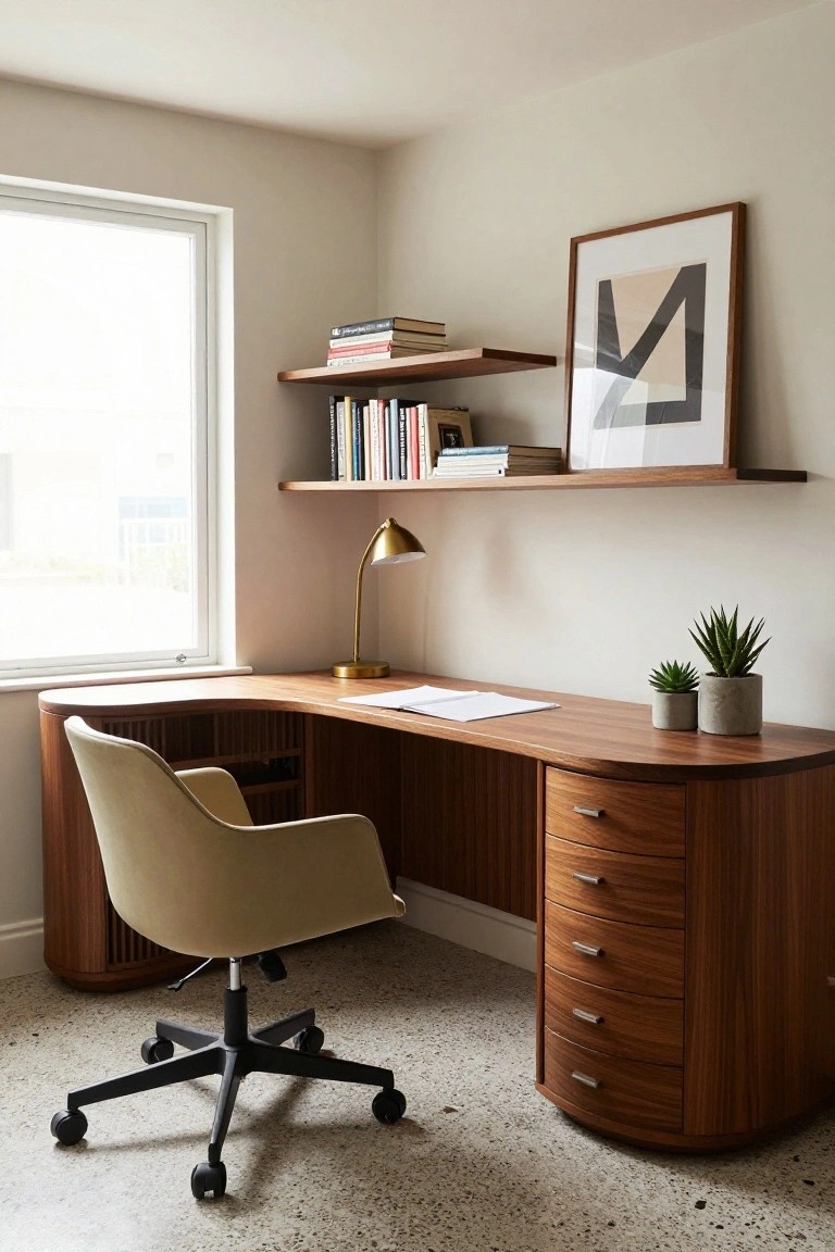 Curved wooden desk with drawers and cabinets in a light home office corner, beige upholstered swivel chair, floating wood shelves with books, brass lamp, two potted succulents, and a large window.