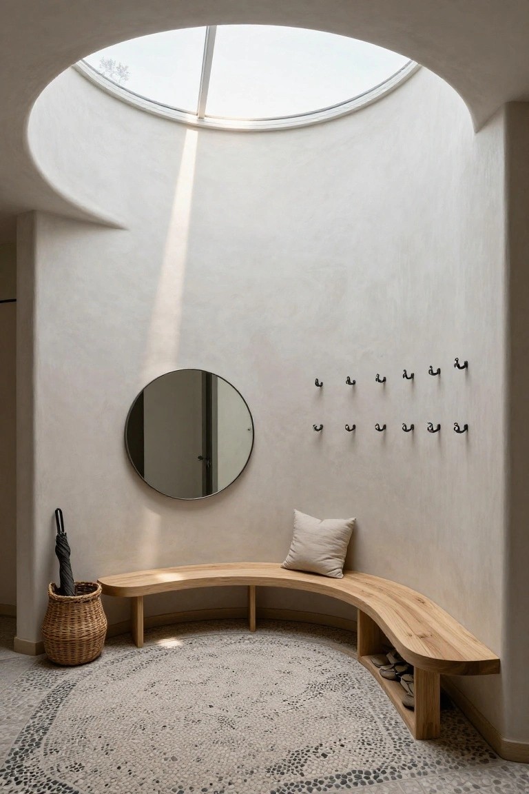 Curved wooden bench with cushion and built-in shoe storage in a white rounded entryway with circular skylight, round mirror, wall hooks, umbrella stand, and round pebble rug.
