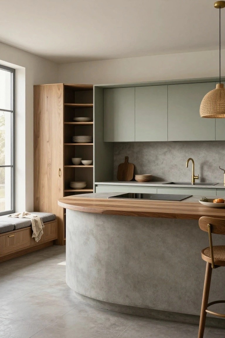 Modern kitchen interior featuring a curved concrete island with oak countertop and integrated wooden bench, sage green cabinets, rattan pendant light, and a large window with natural light.