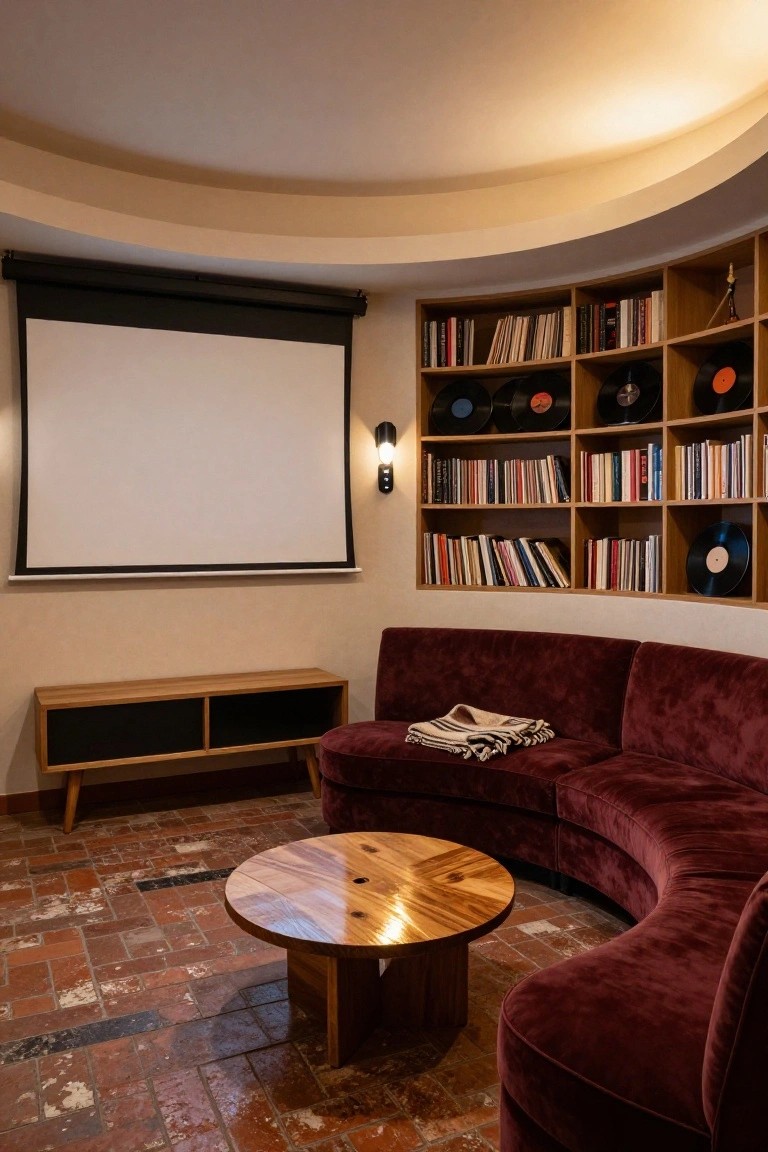 Curved red velvet sofa in a rounded indoor room corner with built-in wooden bookshelves holding books and vinyl records, projector screen on wall, round wooden table, low wooden bench, and terracotta brick floor.