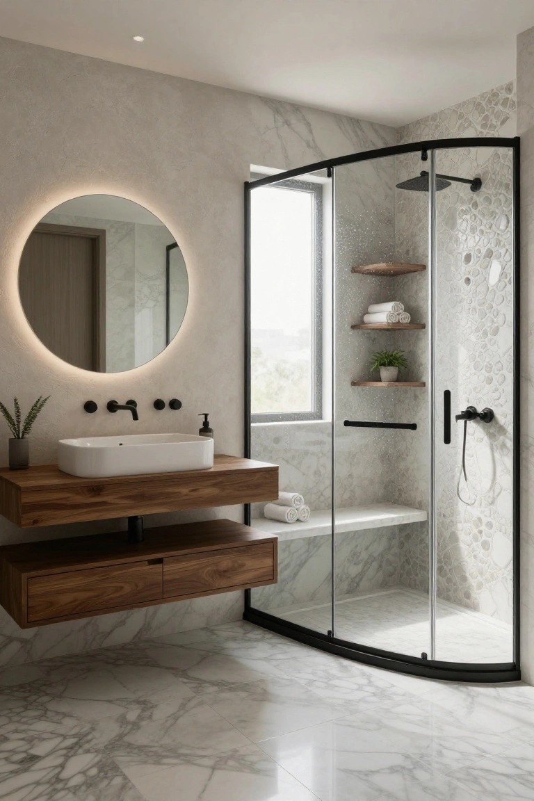 Modern bathroom interior with white marble flooring and walls, floating wooden vanity with white sink, round backlit mirror, and curved glass shower enclosure featuring black frame, wooden shelves, and pebbled tile interior.