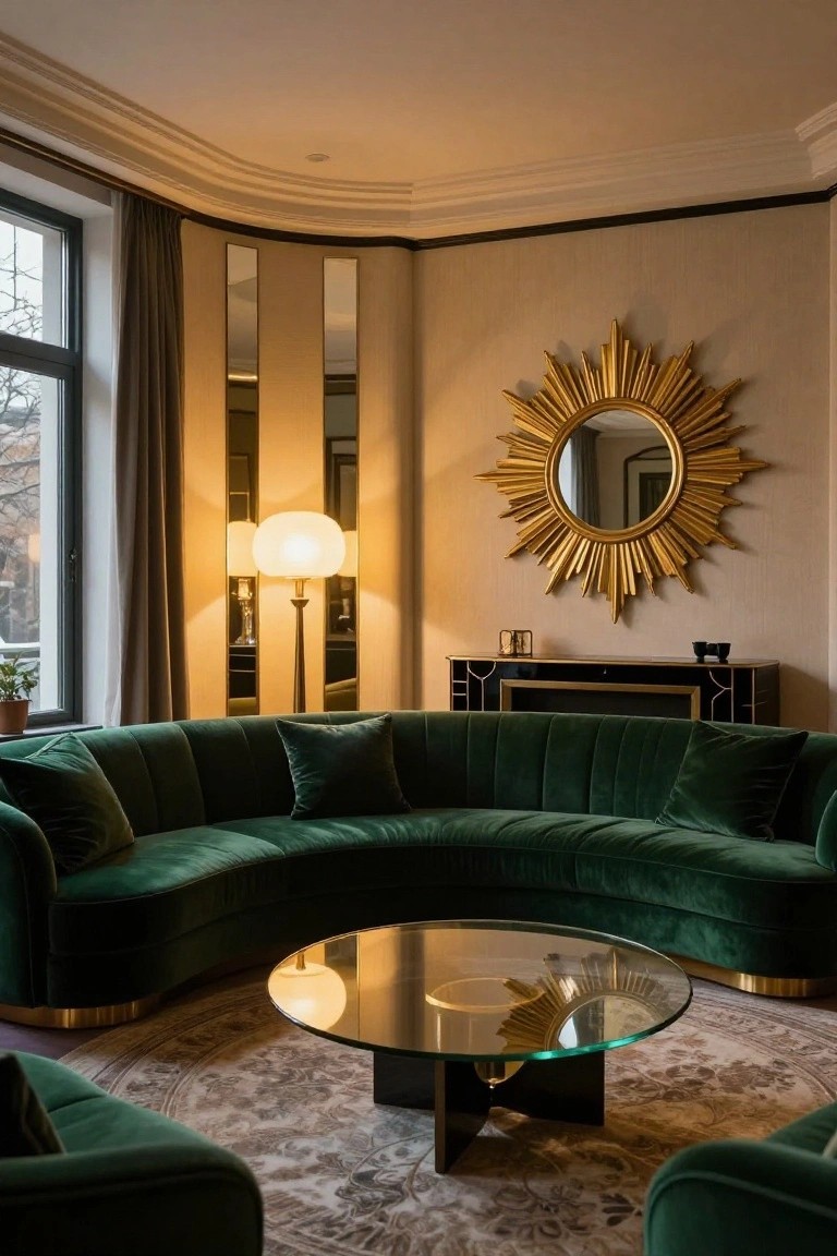 Curved emerald green velvet sectional sofa in a beige living room with gold sunburst mirror on wall, globe lamp, round glass coffee table with brass legs, and black credenza nearby.