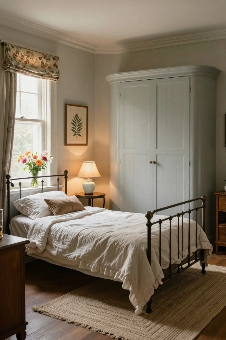 A cozy bedroom corner with a tall curved grey wardrobe, brass-knobbed iron bed draped in white linens, small round bedside table holding a lamp, window with sheer curtains and a vase of mixed flowers, wooden floor, and seagrass rug.