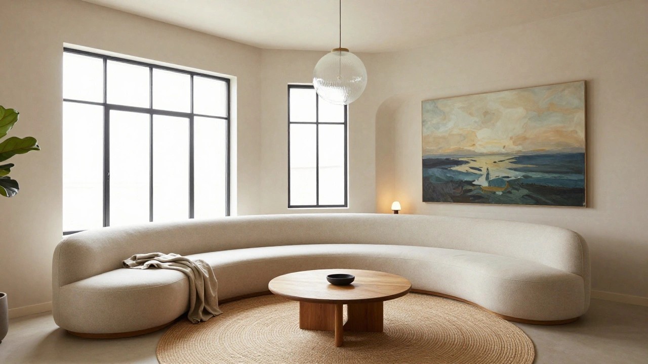 Beige curved sofa against light walls in a pentagonal corner room with large black-framed windows, round wooden coffee table on seagrass rug, globe pendant light, and seascape painting.