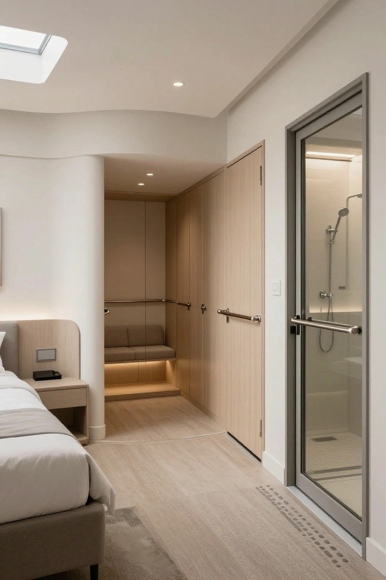 Modern bedroom interior with a low bed on oak flooring, curved light wood walls enclosing a built-in bench seat, and an adjacent glass shower enclosure with grab bars visible through a sliding door.