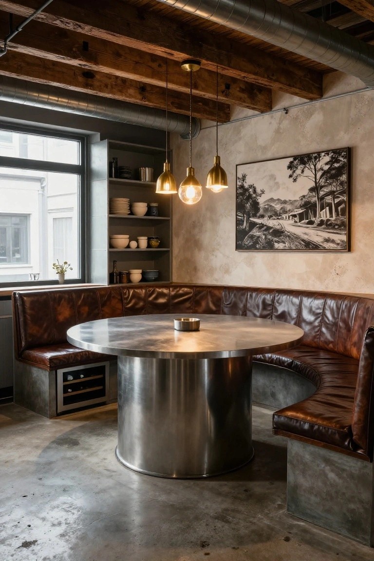 Kitchen nook with round stainless steel pedestal table centered in curved brown leather banquette seating against a concrete wall, exposed wood beam ceiling, brass pendant lights, and open shelving.