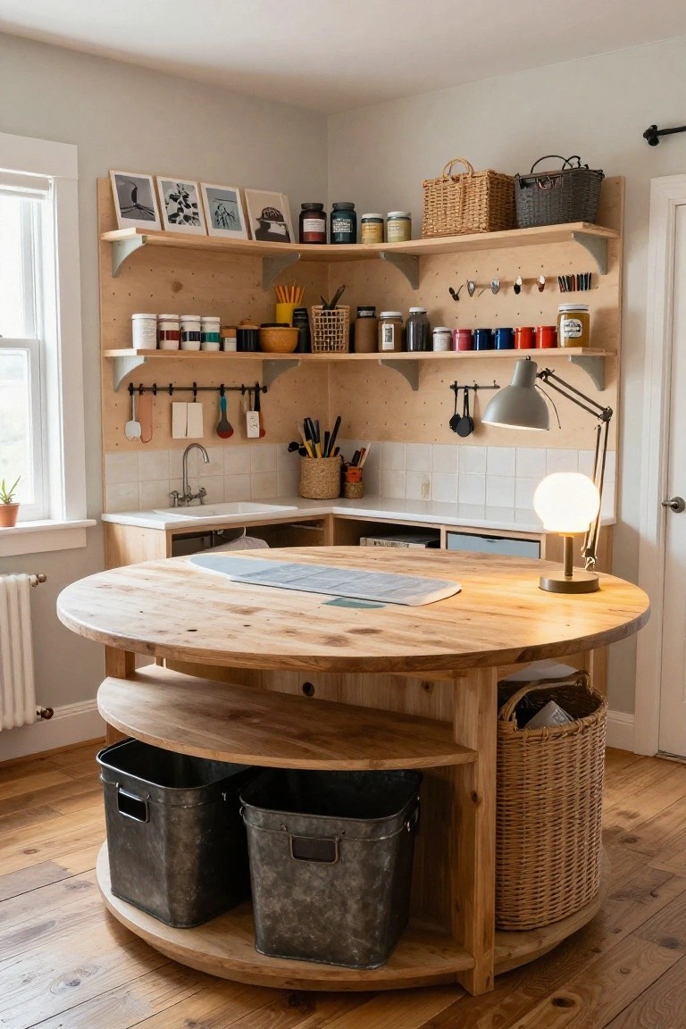 Cozy kitchen corner with central round wooden table on barrel base holding metal bins underneath, pegboard wall with utensils and shelves stocked with jars and baskets, white sink cabinet, and wood plank flooring.