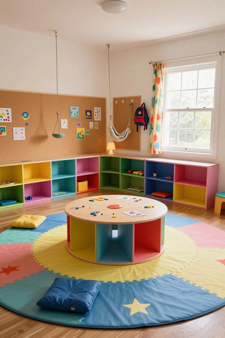 Children's playroom with a central yellow round wooden table on a large multicolored circular foam play mat, surrounded by colorful open shelves, toys, cushions, and a bulletin board wall.