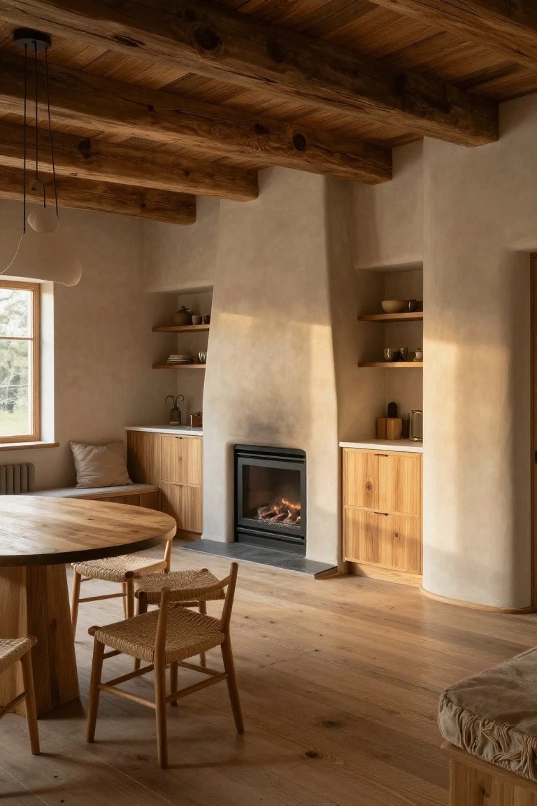 Warmly lit interior room with exposed wooden ceiling beams, beige curved walls, round wooden dining table with rush chairs, gas fireplace flanked by wooden cabinets and shelves, built-in cushioned bench, and wooden floors.