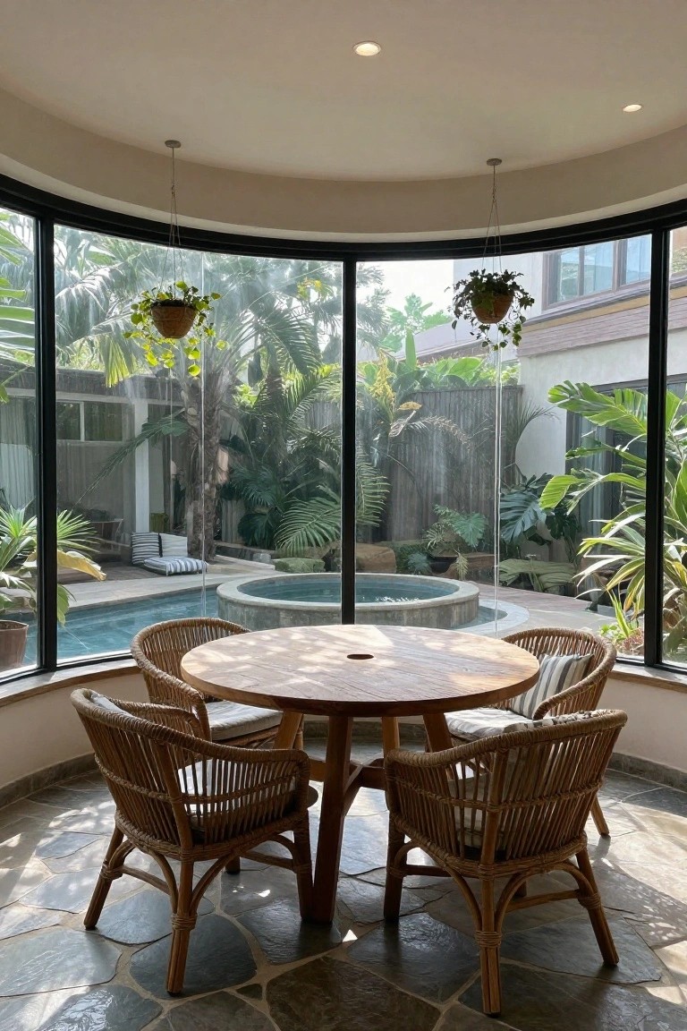 Curved indoor room with large curved windows overlooking a tropical garden, pool, and lounge area, containing a round wooden table surrounded by four rattan chairs on a stone tile floor.