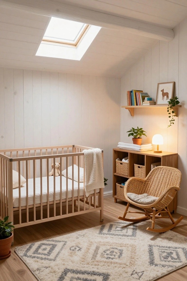 Attic nursery interior with sloped white paneled ceiling and skylight, wooden crib with teddy bear, rattan rocking chair, wooden storage unit with baskets, shelves with books and plants, and patterned rug on wood floor.