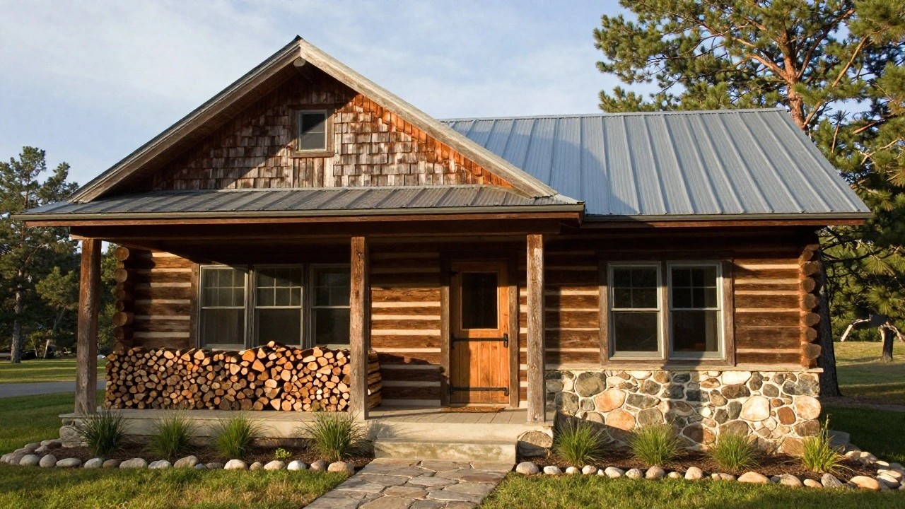 Rustic log and shingle-sided cabin with metal roof, covered front porch supported by log posts, stacked firewood under the porch, stone foundation, and flagstone path with ornamental grasses in a grassy yard.