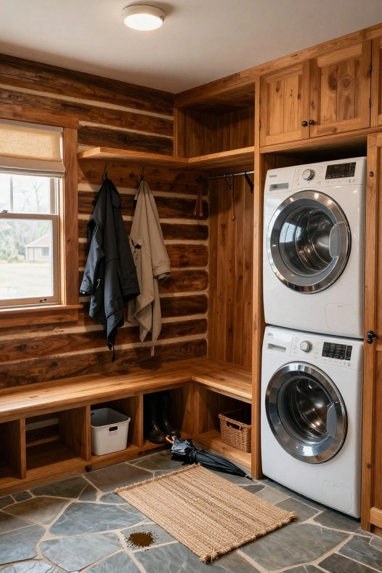 Log cabin interior with stacked white washer and dryer in wooden cabinets, built-in wooden bench with storage cubbies and shelves, coat hooks on log walls, boots and umbrella on floor, small window, and rag rug on slate flooring.