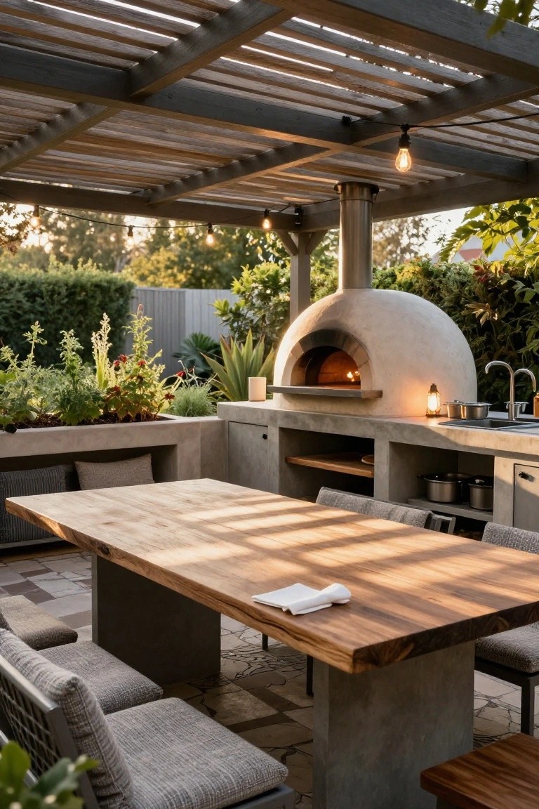Outdoor kitchen under a wooden pergola with a beige dome wood-fired pizza oven built into concrete counters, wooden dining table and chairs, potted plants, string lights, and lanterns.