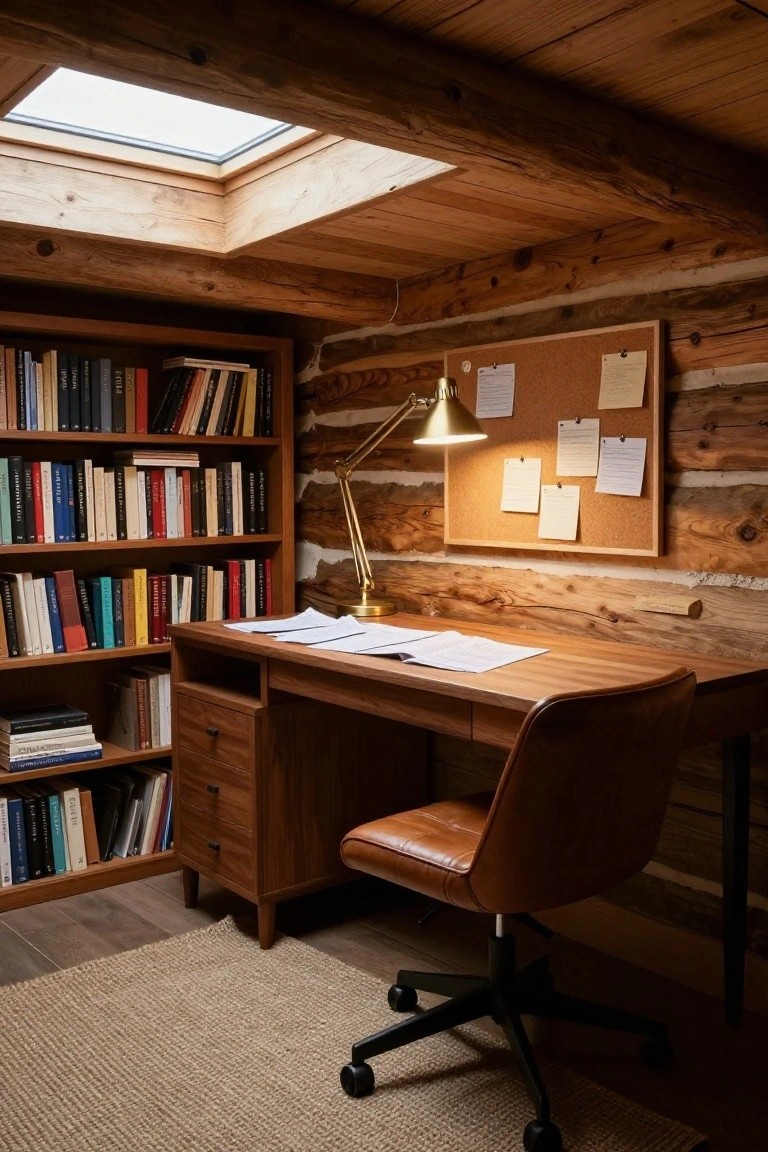 Log cabin interior with wooden walls and ceiling, skylight above, tall bookshelves filled with colorful books, wooden desk with stacked papers, brass desk lamp, corkboard with notes, and tan leather swivel chair on a jute rug.