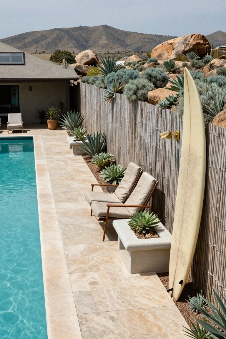 Rectangular turquoise pool with travertine decking, bamboo fencing along one side with a yellow surfboard leaning on it, agave plants in concrete planters, two beige lounge chairs nearby, and desert rocks and mountains in the background.