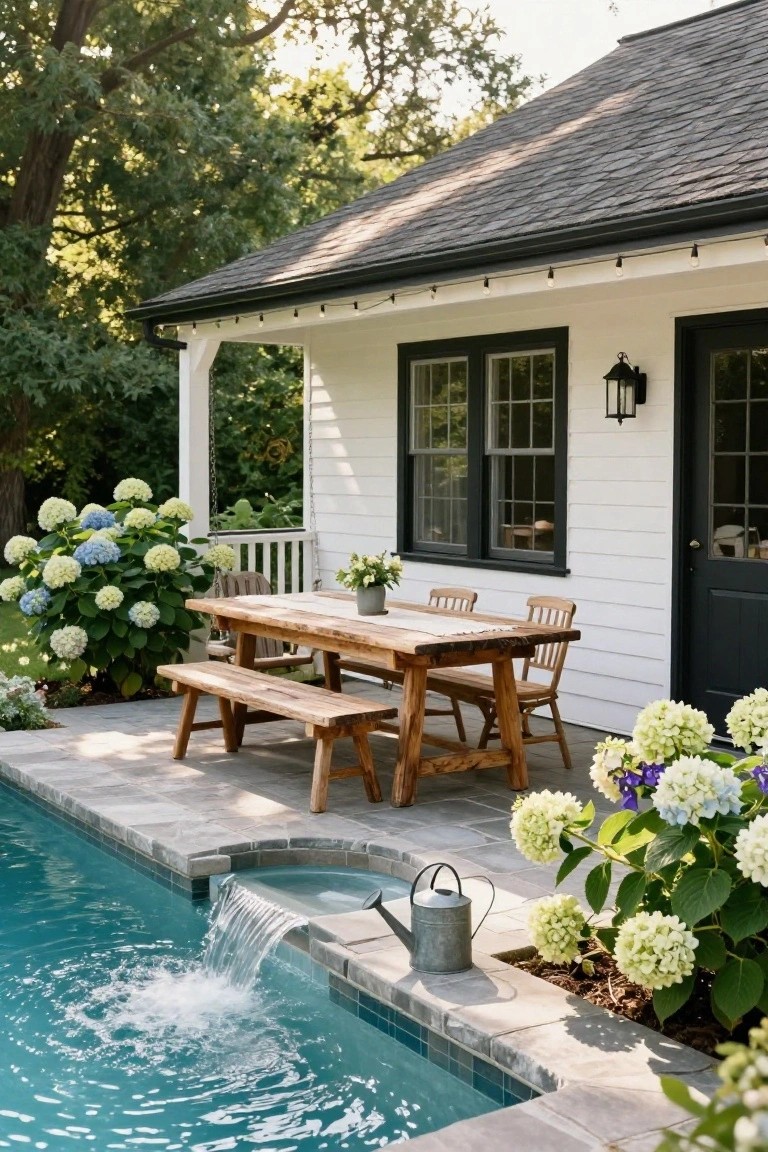 Rustic wooden dining table and benches on a stone patio next to a small in-ground pool with a waterfall feature, surrounded by blooming white and blue hydrangeas, beside a white house with black window frames.