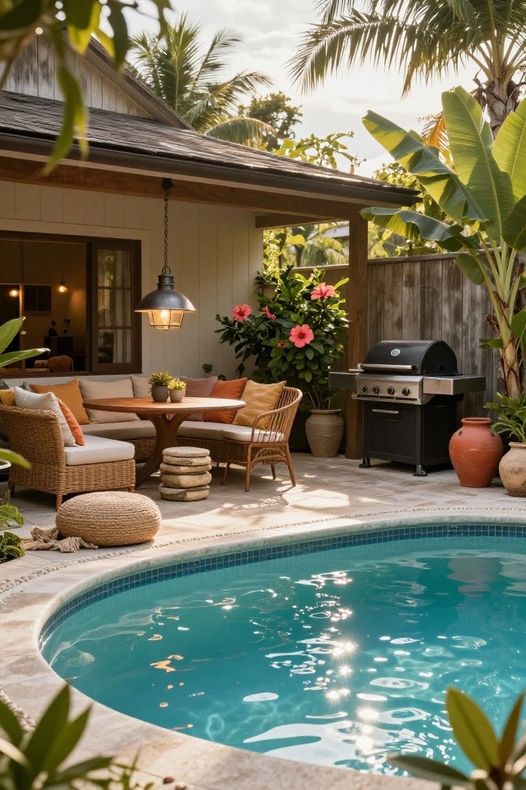 Curved turquoise pool with stone edging, surrounded by beige woven outdoor sofa and chairs around a round wooden table, black gas grill, potted plants and tropical greenery, next to a white house porch under a wood ceiling.