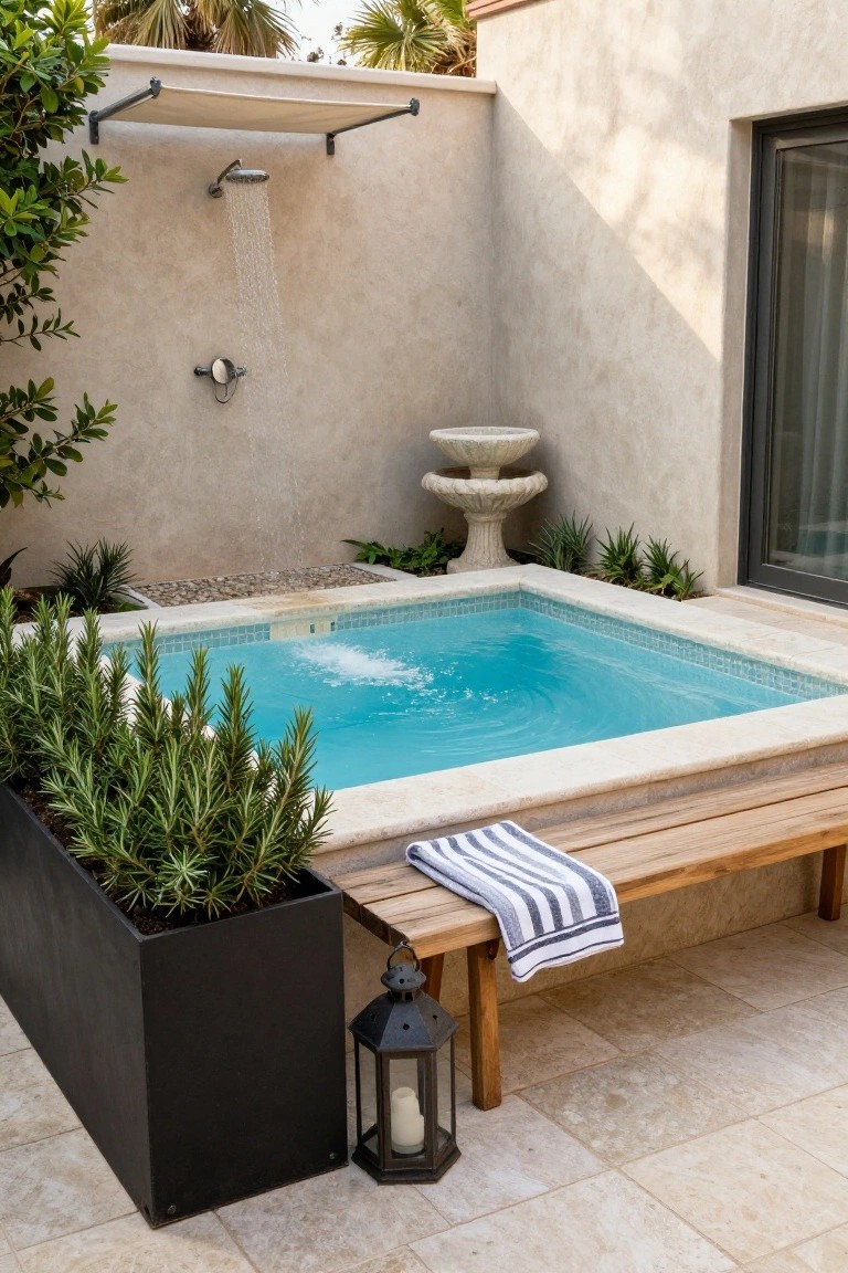 Small turquoise-tiled square plunge pool in a beige stucco courtyard with overhead rain shower, stone fountain, potted rosemary plants, wooden bench draped with striped towel, black lantern, and black planters.