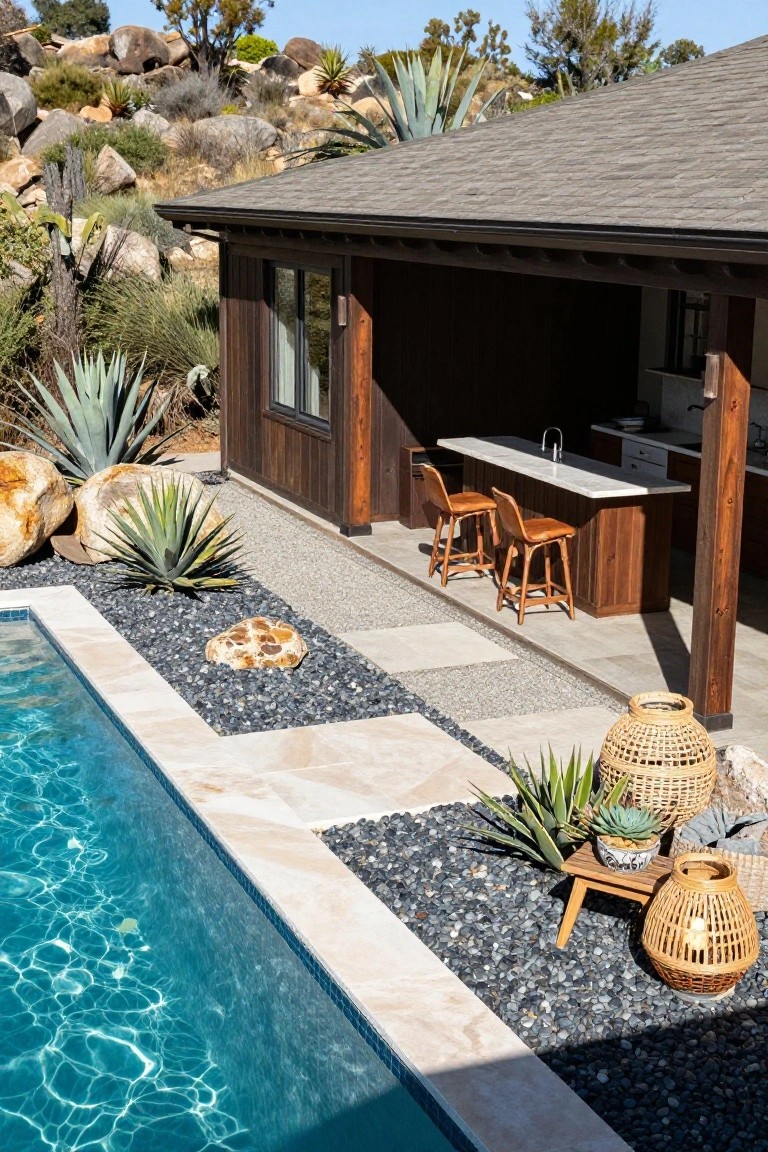 Outdoor kitchen bar with wooden counter and two leather stools under a covered porch next to a rectangular pool edged in stone, with agave plants and black pebbles in desert landscaping beside a wood-sided house.