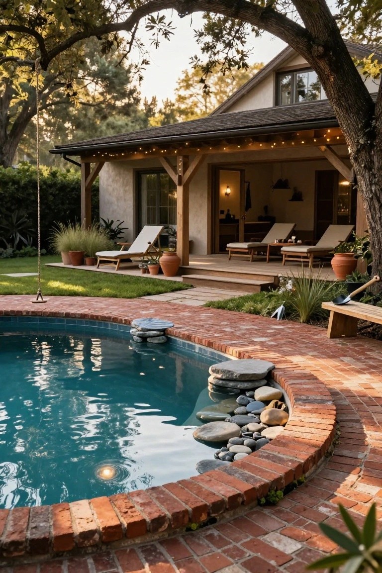 Curved turquoise pool edged with red brick pavers, stacked stones, and pebbles, next to a wooden deck with white lounge chairs, potted plants, and oak trees beside a beige stucco house in a backyard.