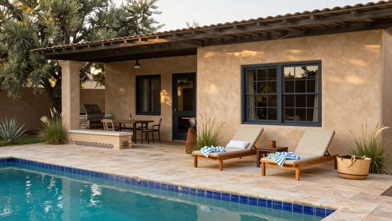 Backyard pool deck with two wooden chaise lounges with beige cushions and striped towels, near a built-in grill and agave plants, against a beige stucco house wall with black-framed windows and a wall lantern.