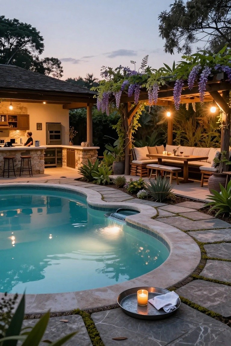 Curved turquoise pool next to an outdoor kitchen under a wooden pergola covered in purple wisteria vines, with bar stools, lounge seating, dining table, potted plants, and string lights at dusk.