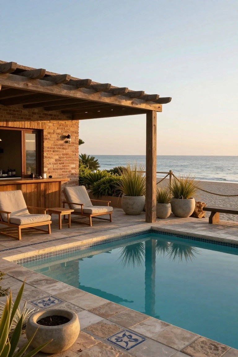 Wooden pergola shading a brick-walled outdoor bar with wooden stools, teak lounge chairs on tiled patio next to turquoise pool, potted plants, rope fence, and ocean beach view at sunset.