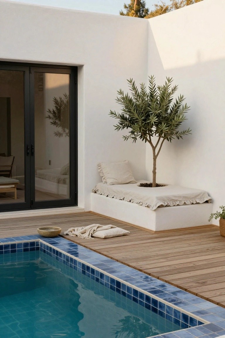 White built-in bench on a wooden deck with an olive tree planted through its center, covered in beige linens and pillows, next to a blue-tiled pool and a white stucco wall with black doors.
