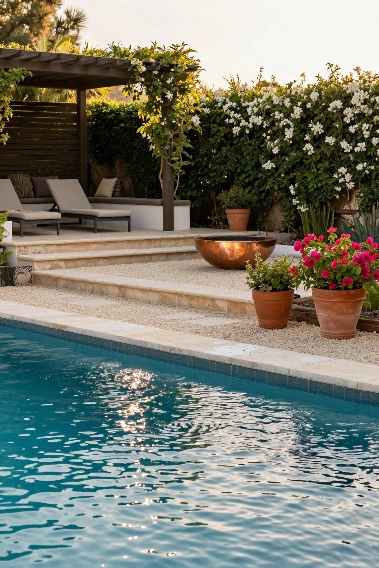 Turquoise pool edged in beige stone with terraced steps leading to a large copper fire bowl on gravel, surrounded by potted plants and lounge chairs under a pergola.