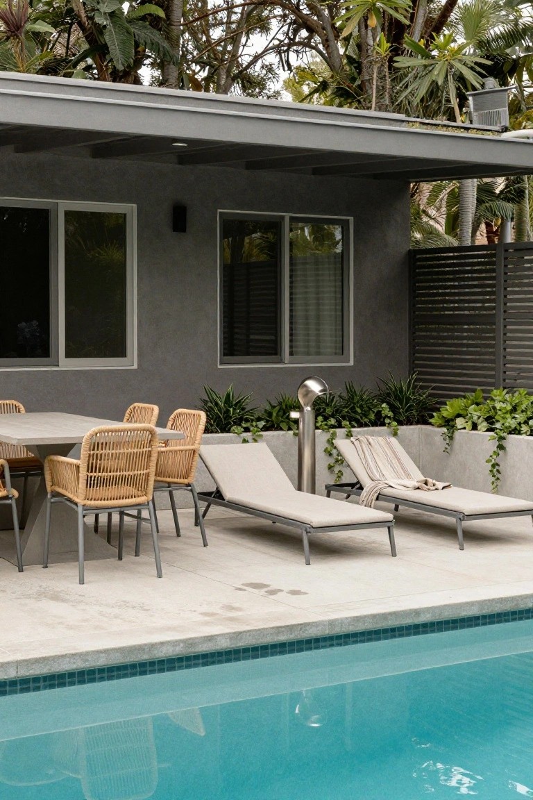 A poolside patio next to a gray stucco house wall with large windows, featuring a rectangular concrete dining table surrounded by rattan armchairs, two beige loungers with towels, potted plants, a slatted privacy screen, and a stainless steel post, adjacent to a turquoise pool edged in tile, with palm trees overhead.