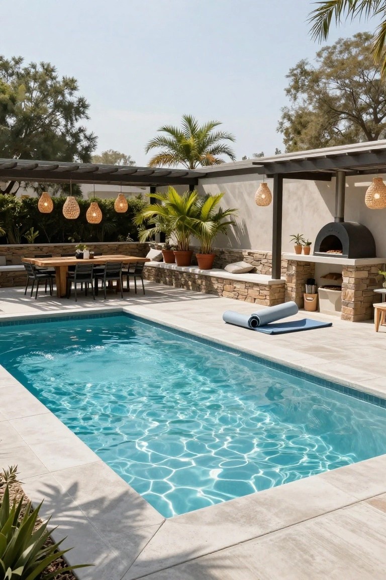 Rectangular turquoise pool next to a stone patio with wooden dining table and chairs, rolled blue yoga mats, built-in stone BBQ and pizza oven, potted plants, and pergola with hanging rattan lights.