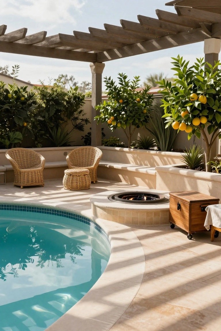 Curved blue mosaic pool edged by beige stone patio with two wicker armchairs, woven stool, round fire pit, wooden chest on wheels, orange trees, agave plants, and pergola overhead.