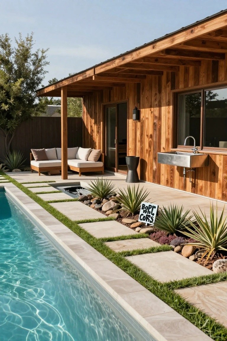 Cedar wood-clad house exterior with covered patio, beige lounge chairs, wall-mounted stainless steel sink, stone pavers along a rectangular swimming pool, and agave plants with rocks.