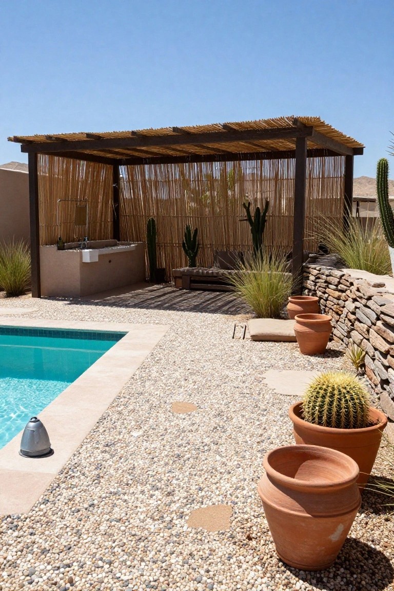 Outdoor pool with turquoise water next to a gravel area featuring a thatched pergola with bamboo screens, outdoor shower and sink, cushioned seating, and several large potted cacti.