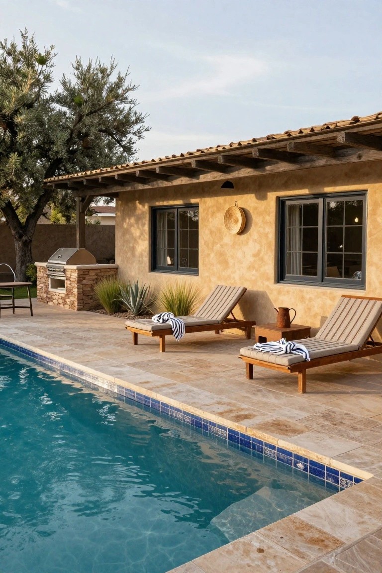 Backyard pool deck with two wooden chaise lounges with beige cushions and striped towels, near a built-in grill and agave plants, against a beige stucco house wall with black-framed windows and a wall lantern.