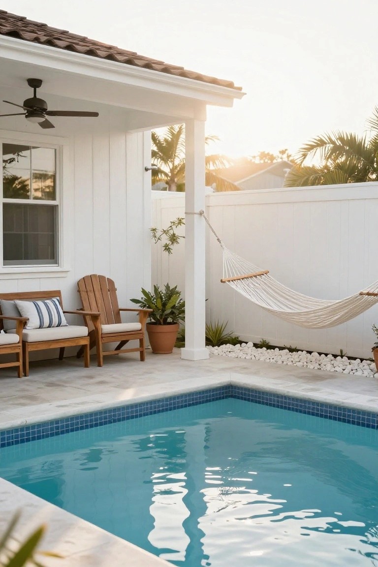 White house with pool, hammock, wooden chairs, and sunset view.