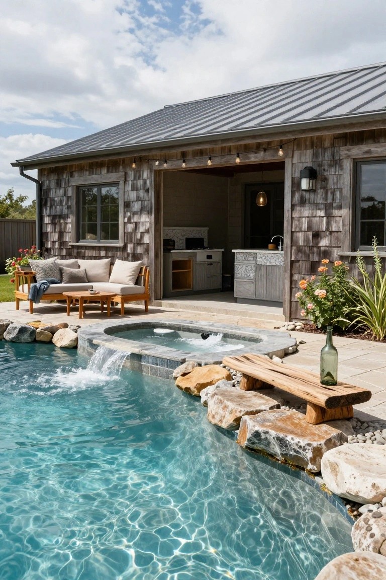 A rustic open-air pool house cabana with shingled siding, metal roof, outdoor kitchen bar, beige sofa seating, and adjacent spillover spa hot tub edged in natural rocks next to a curved turquoise pool.