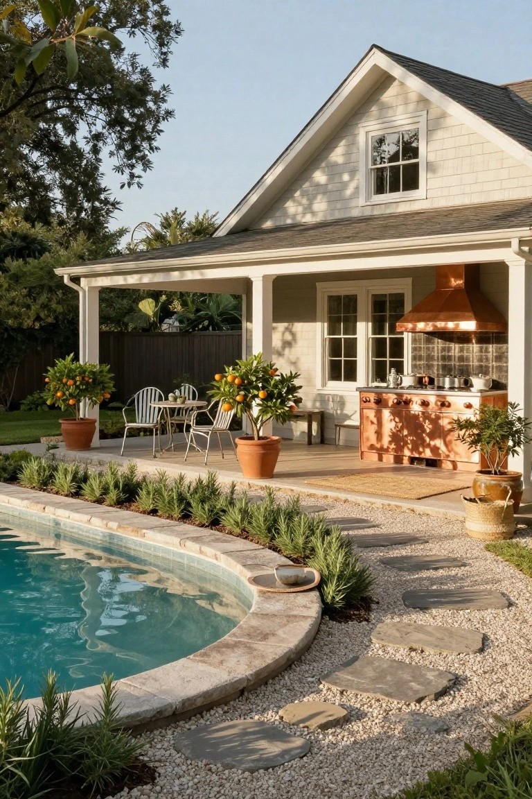 Side view of a light gray shingle house with white porch featuring a copper-hooded outdoor kitchen, round table with chairs, potted orange trees, stone path, and curved turquoise pool with limestone edging.