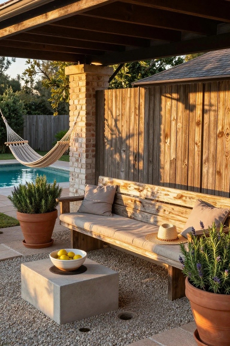 Covered outdoor patio with wooden bench, beige cushions, low square concrete table holding bowl of lemons, potted rosemary and lavender plants, hammock by wooden fence, and turquoise swimming pool nearby.