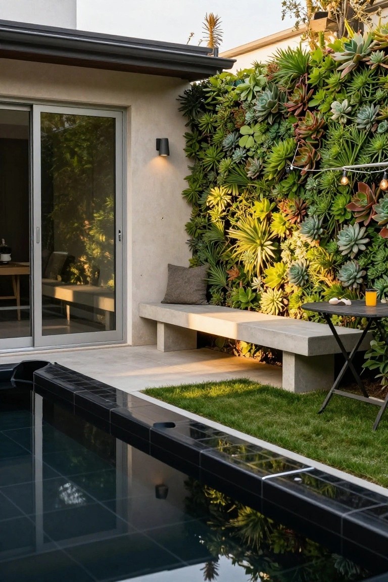Poolside concrete bench and small metal table next to a tall vertical wall covered in various succulents, with a black-tiled pool edge, grass patch, and sliding glass doors on a beige stucco house wall.