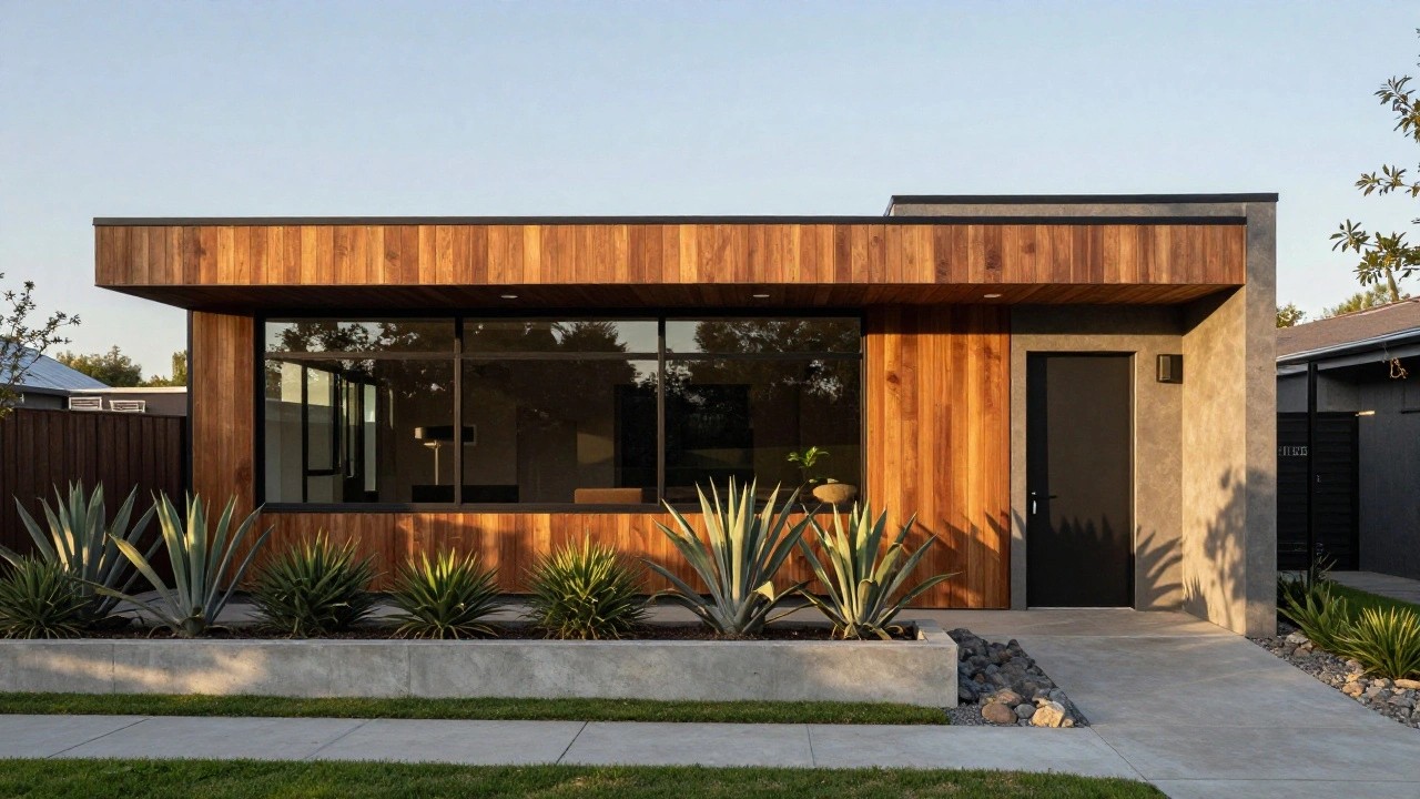Modern house exterior featuring vertical dark wood cladding on the facade, large floor-to-ceiling windows, a black front door, and agave plants along a concrete pathway with gravel mulch.