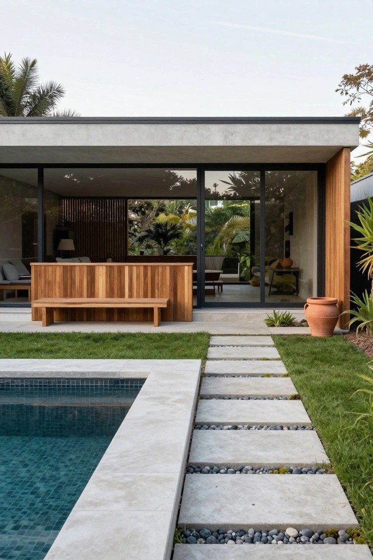 Modern flat-roof house exterior with concrete walls, large black-framed glass doors, wooden bench along the glass, pool in foreground, stone path with pebbles, grass lawn, and tropical plants.