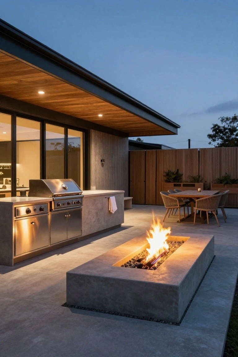 Rectangular concrete fire pit with gas flames and pebbles embedded in a concrete patio, next to a stainless steel BBQ kitchen island, wooden dining table with rattan chairs, glass doors to a modern house, and timber fencing at dusk.