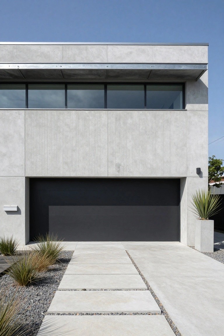 Gray concrete house exterior with flat roof, metal overhang, large dark windows, black garage door, concrete paver pathway with grasses and gravel edging under clear blue sky.