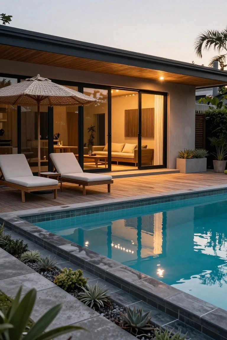 Turquoise pool next to a light wooden deck with two beige lounge chairs, a thatched umbrella, potted plants, and open glass sliding doors to a modern house interior.